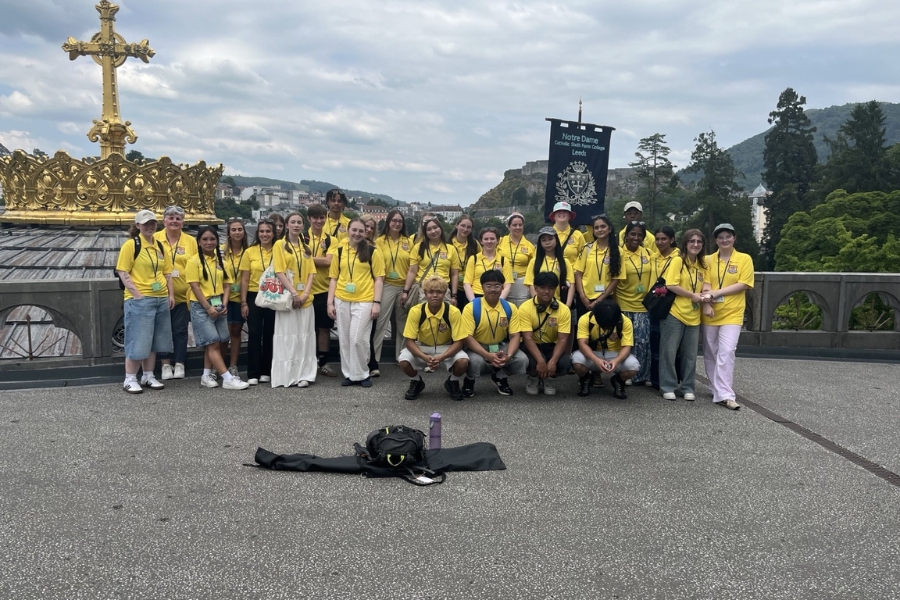 A group of students on the Lourdes trip wearing yellow t-shirts and standing in front of some mountains with one person holding a flag